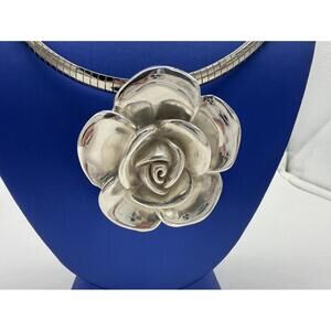 Sterling Silver Milor Puffy Rose Pendant, Sterling Silver Omega Chain.